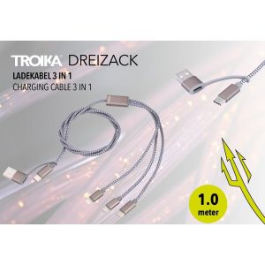 Smart Multi-option Charging cable 3 in 1, USB/USB-C – MicroUSB/Lightning 1m